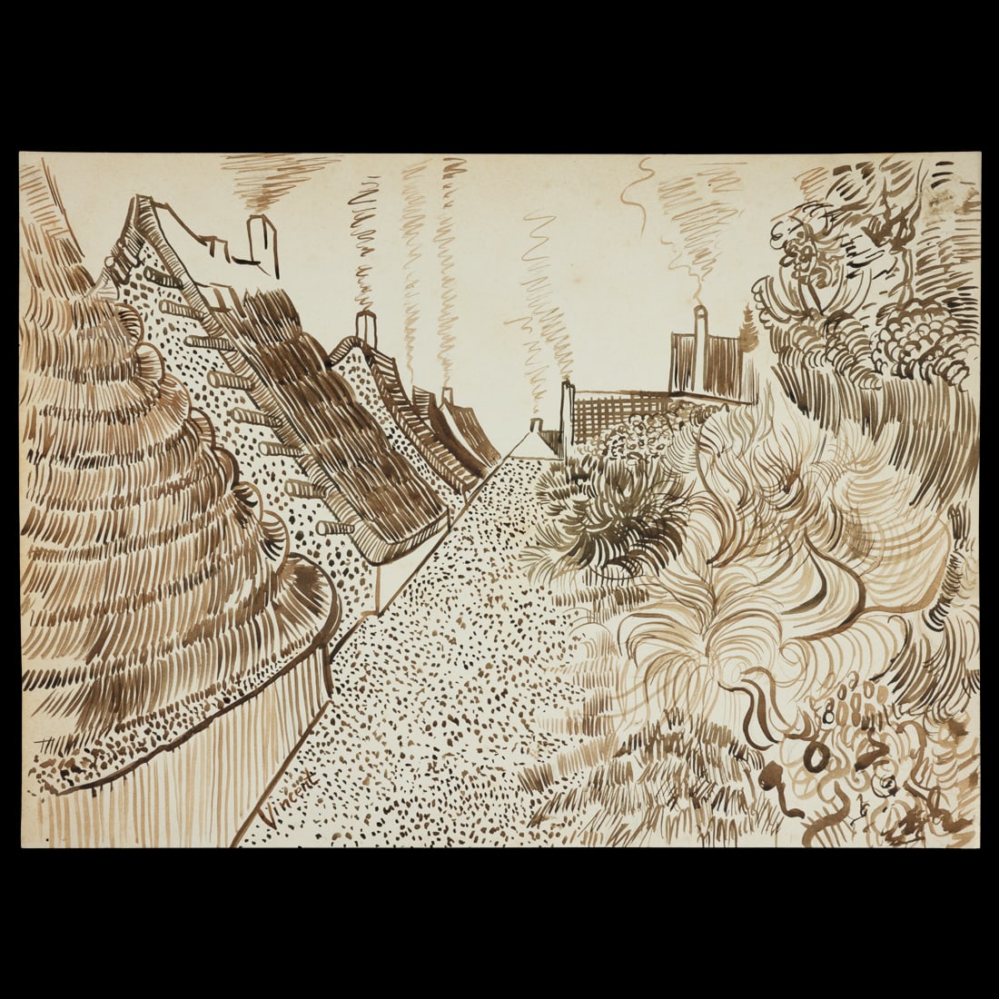 Vincent van Gogh Ink Drawing on Paper – Township Scene: Title: Attributed Vincent van Gogh Ink Drawing on Paper – Township Scene with Homes, Chimneys, and Path Description: A striking ink drawing on paper offered as attributed to (or after) Vincent van G