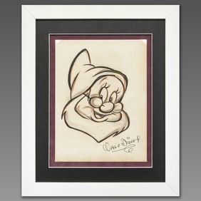 Walt Disney Signed Mixed Media Drawing – Doc from Snow White