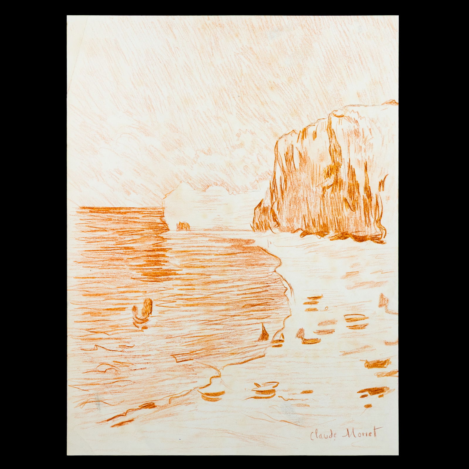 Claude Monet Drawing on Paper – Coastal Landscape with Boats: Title: Attributed Claude Monet Drawing on Paper – Coastal Landscape with Boats Description: A serene and atmospheric coastline drawing on paper offered as attributed to (or after) Claude Monet. Meas