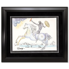 Salvador Dalí Mixed Media on Paper – Soldier on Horseback with Surreal Coastal Landscape