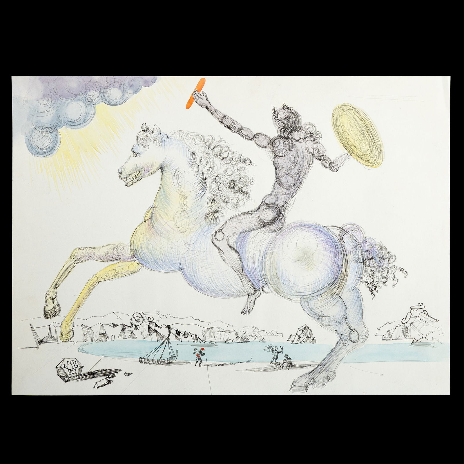Salvador Dalí Mixed Media on Paper – Soldier on Horseback with Surreal Coastal Landscape: Title: Attributed Salvador Dalí Mixed Media on Paper – Soldier on Horseback with Surreal Coastal Landscape Description: A richly imaginative mixed media composition on paper offered as attributed t