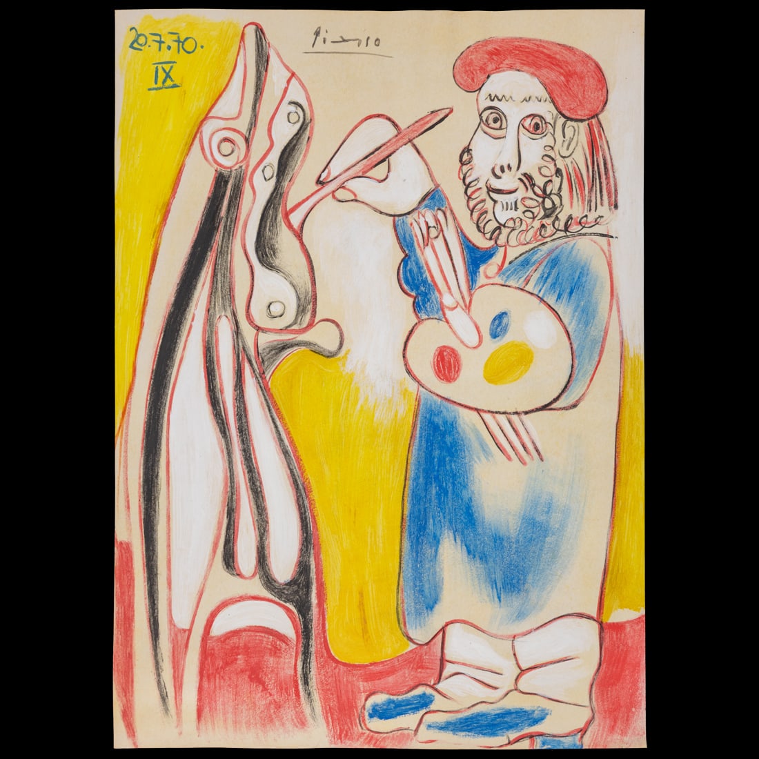 Pablo Picasso Mixed Media on Paper, “El Pintor": Title: Attributed Pablo Picasso Mixed Media on Paper – “El Pintor” (The Painter), Dated 20.7.70 (IX) Description: A compelling mixed media artwork on paper offered as attributed to (or after