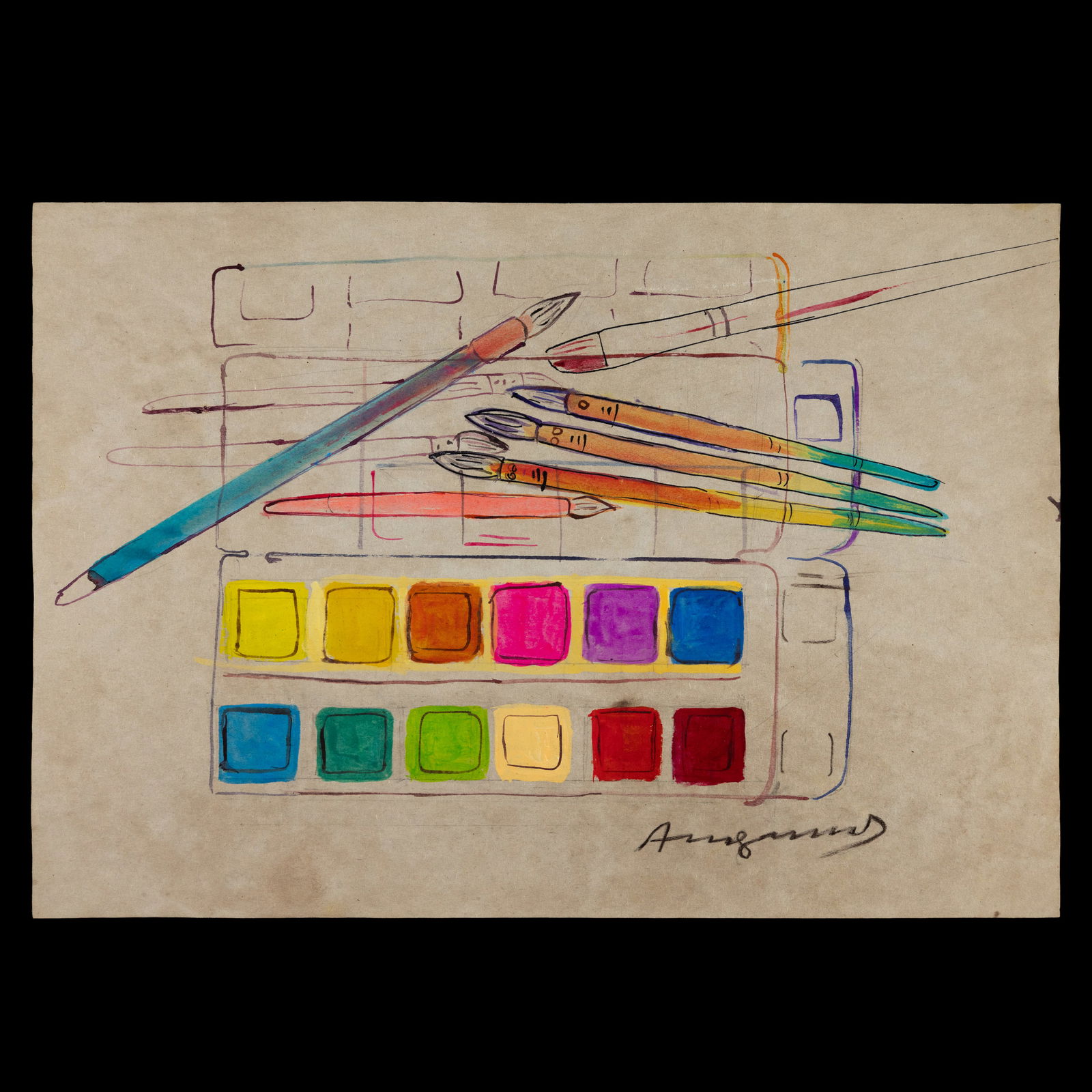 Andy Warhol – Watercolor on Paper: Andy Warhol – Watercolor on Paper (Attributed / After the Artist) Medium: Watercolor on paper depicting a painter’s set—palette with 12 color squares, brushes, and watercolor tray Dimensions: 11