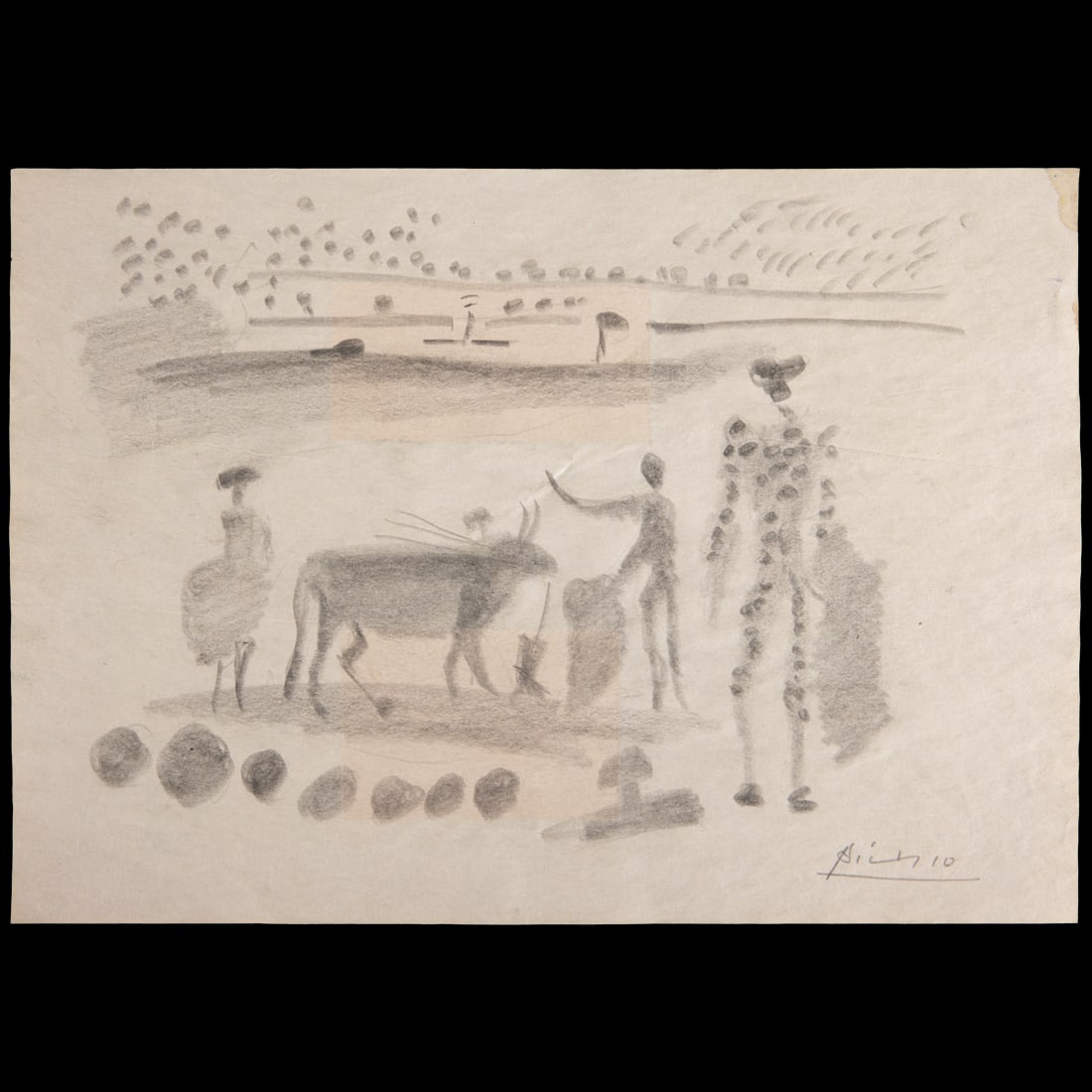 Pablo Picasso – Pencil on Paper: Attributed to / After Pablo Picasso Bull and Bullfighter Scene – Pencil on Paper A dramatic and evocative pencil drawing attributed to, or created in the manner of, Pablo Picasso. This powerful comp