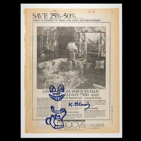 Keith Haring — Original Blue-Marker Drawing on Daily News Page (1987)