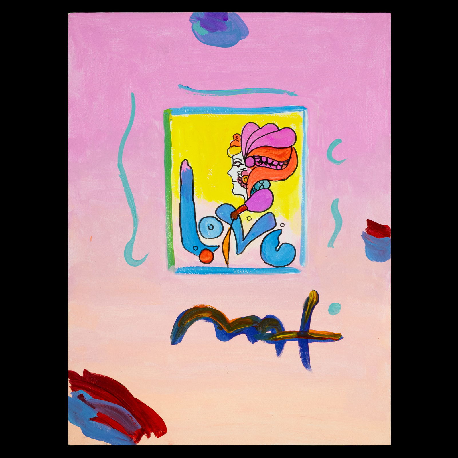 Peter Max Painting on Paper: Attributed to / After Peter Max “LOVE” Composition with Woman in Headdress – Painting on Paper A bold and visually captivating composition attributed to, or created in the manner of, Peter M