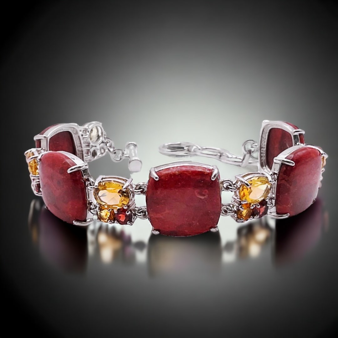 Red Coral Sterling Silver Bracelet with Citrine & Garnet Gems (1 of 1)