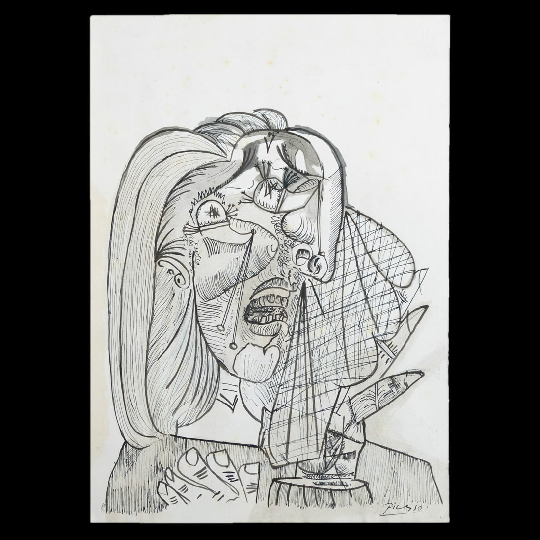 Picasso Mixed Media on Paper: Title: Attributed Picasso Mixed Media on Paper – Portrait of a Woman with Knitting Needles Description: A compelling mixed media portrait on paper offered as attributed to (or after) Pablo Picasso.