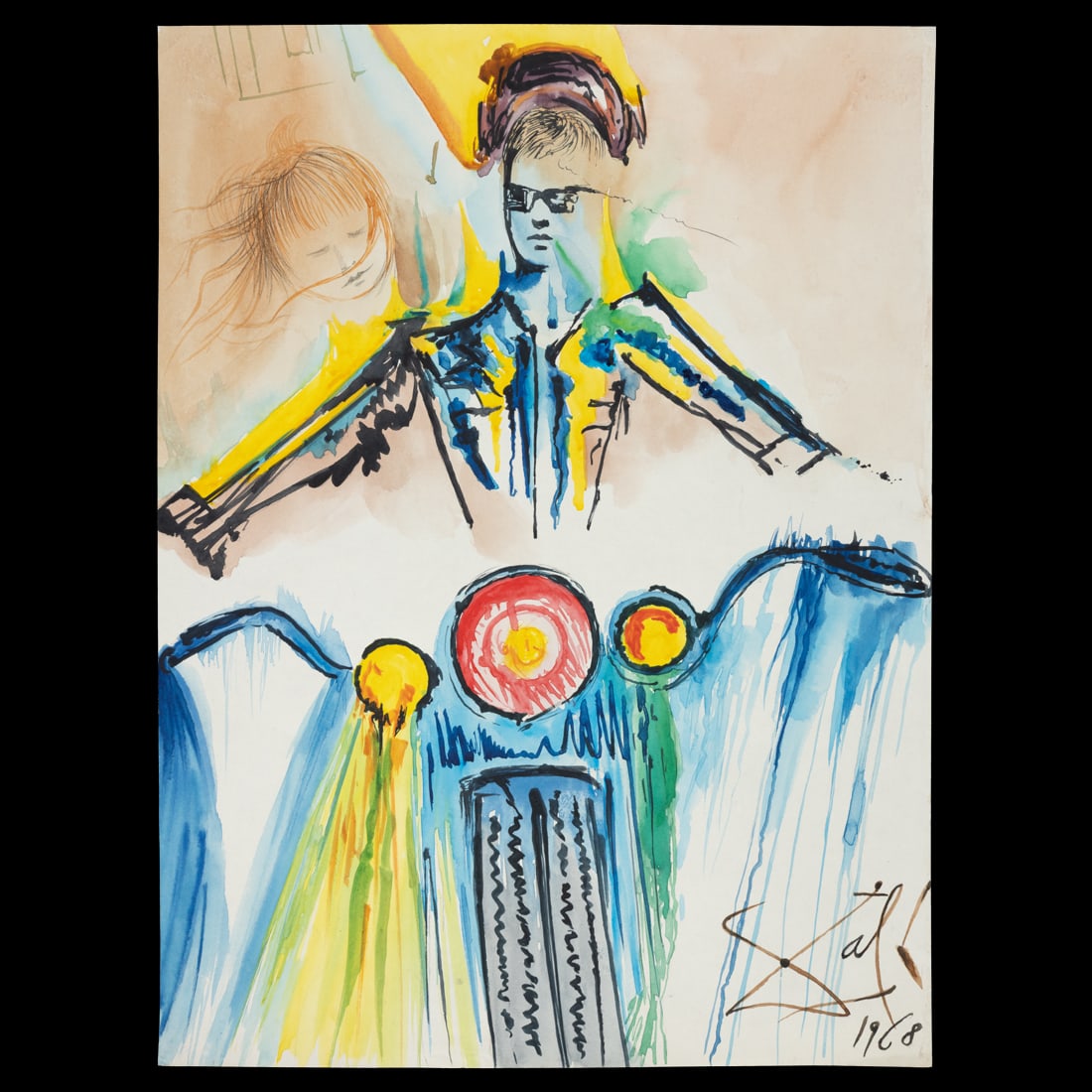 Salvador Dalí Mixed Media on Paper: Title: Attributed Salvador Dalí Mixed Media on Paper – Man on Motorcycle with Young Girl (Dated 1968) Description: A dynamic and imaginative mixed media artwork on paper offered as attributed to