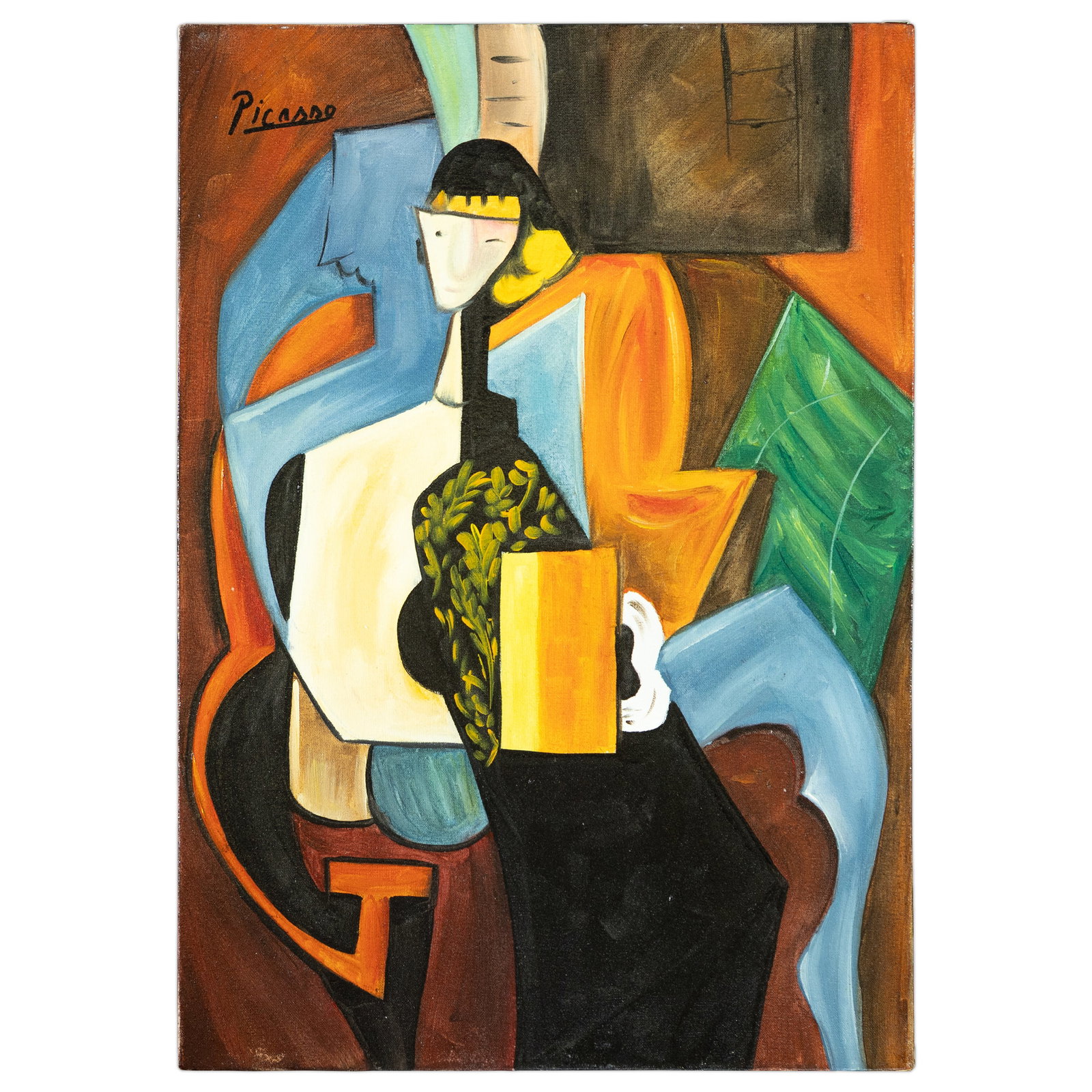 Pablo Picasso Painting on Canvas: Title: Attributed Pablo Picasso Painting on Canvas – Seated Woman with Elongated Neck Holding a Geometric Box Description: A bold and visually arresting painting on canvas offered as attributed to (