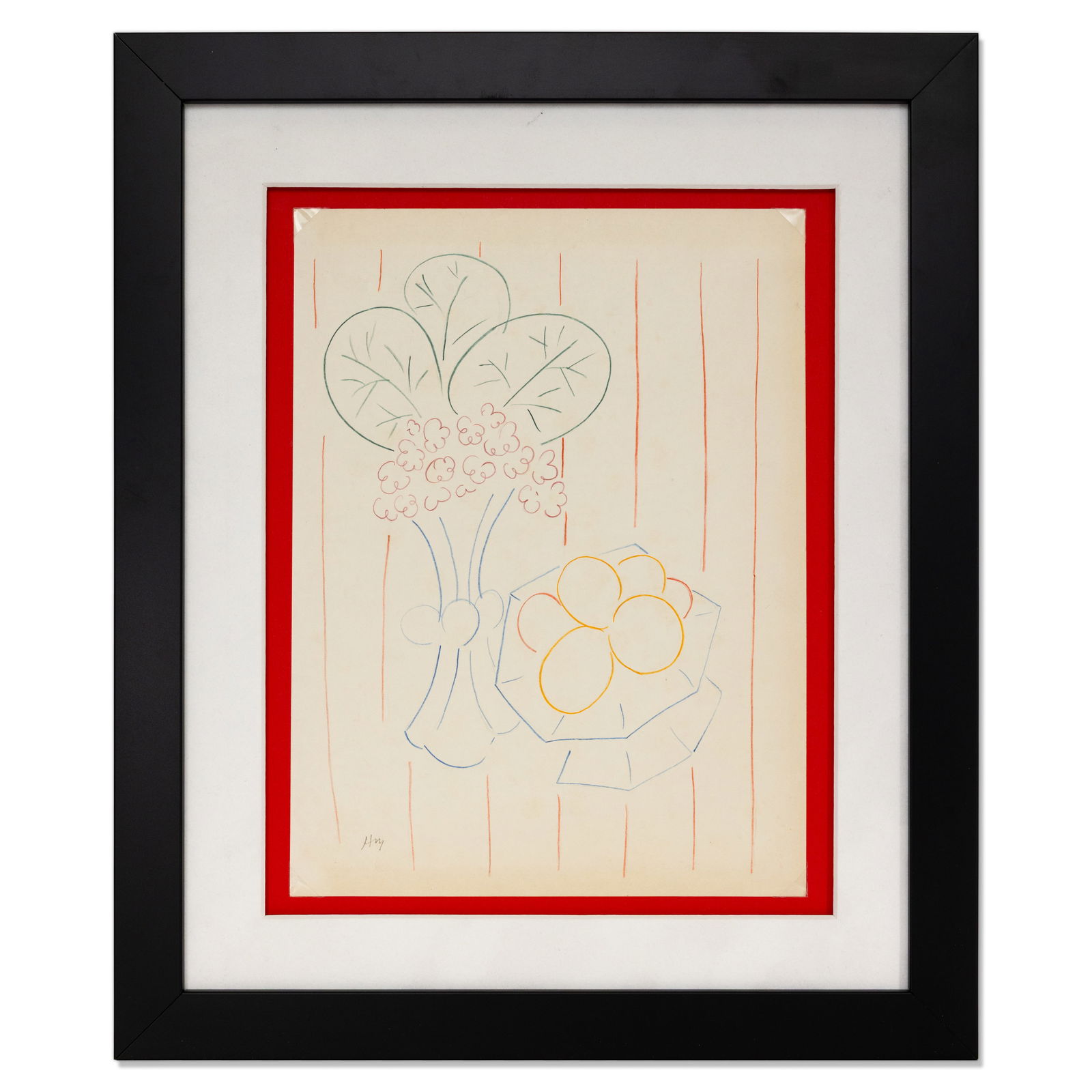 Henri Matisse Drawing on Paper: Title: Attributed Henri Matisse Drawing on Paper – Still Life with Vase, Plants, Fruit, and Red Striped Wall Description: A vibrant and expressive drawing on paper offered as attributed to (or after