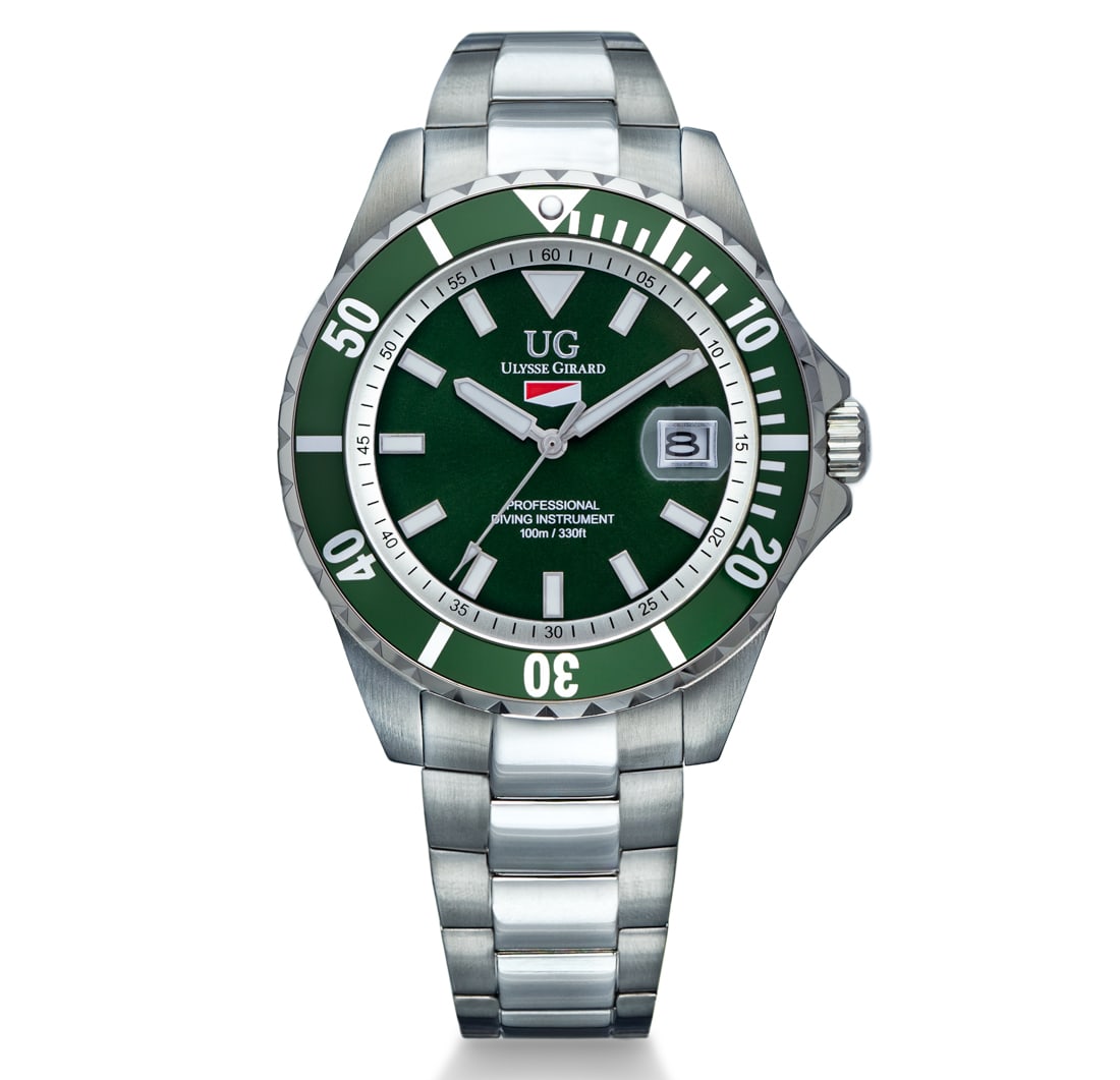 Ulysse Girard Watch Blue Fin Collection – Green Dial & Green Bezel: The Ulysse Girard Watch Blue Fin Collection blends sport-ready durability with refined elegance. Its striking green dial and green bezel create a captivating contrast, housed in a robust stainless