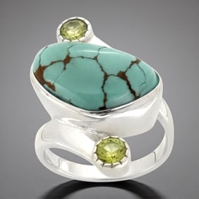 Asymmetrical Design Turquoise & Peridot Silver Ring - Size 7