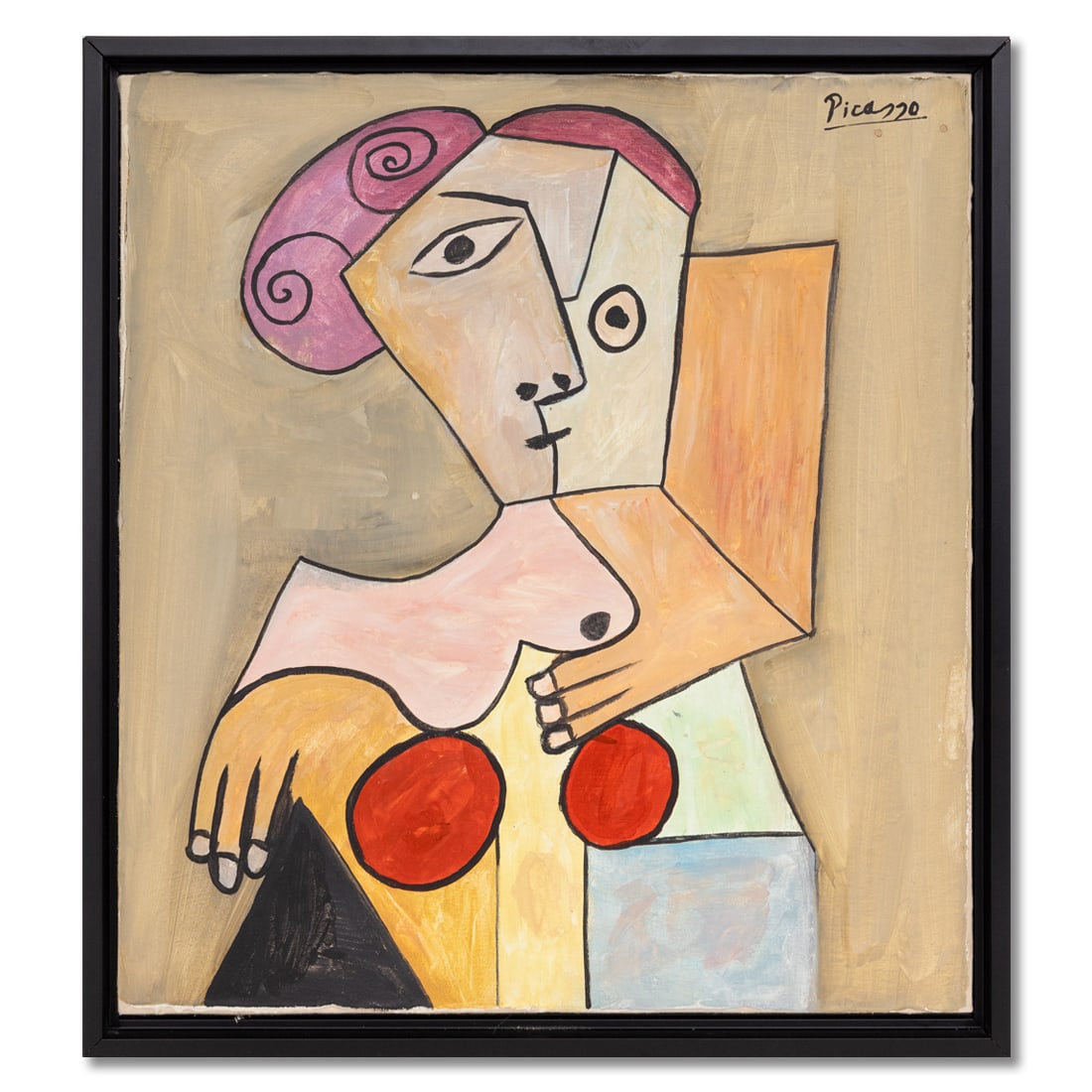 Pablo Picasso — Muse with Purple–Pink Hair Painting on Canvas: Pablo Picasso (Attributed to / After) — Muse with Purple–Pink Hair on Neutral Ground, Painting on Canvas Why This Work Captivates Collectors A serene neutral–light grey ground sets the stage for