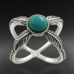 Southwest Turquoise Sterling Silver Leaf Ring - Size 7