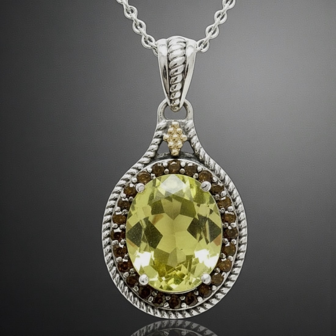 14K Sterling Silver Lemon Quartz&Smoky Quartz Halo Pendant w/Chain (1 of 1)