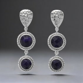 Hammered Sterling Silver Earrings with Sapphire Corundum