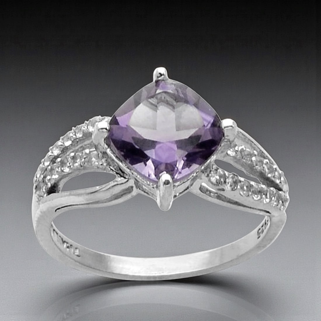 Cushion Cut Amethyst and White Topaz Sterling Silver Ring SZ 7 (1 of 1)