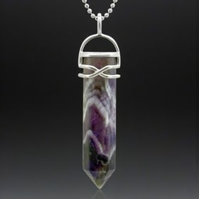 Sterling Silver large Banded Amethyst Hex Point Pendant With 18"