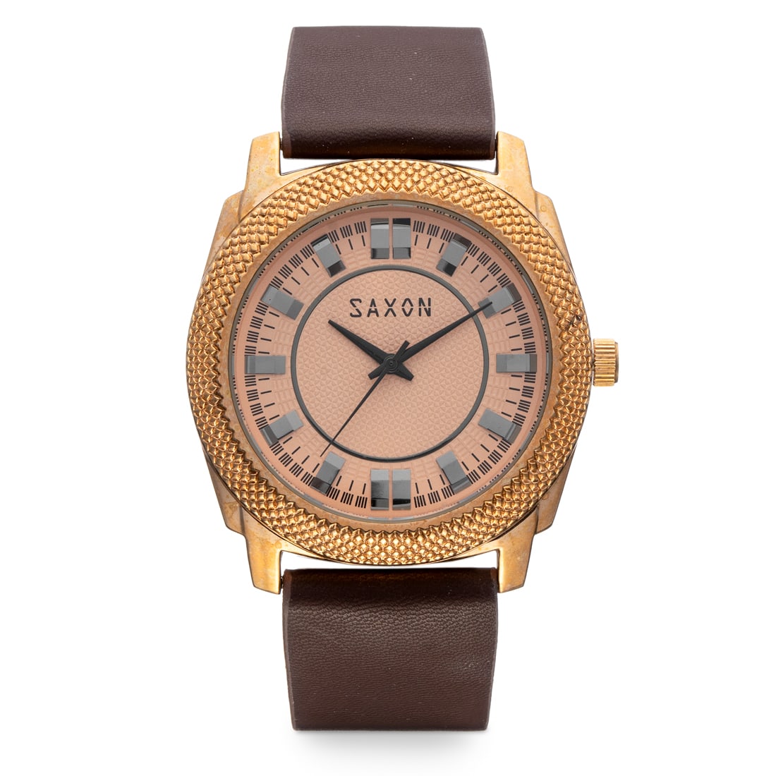 Saxon Men’s Watch – Stylish Brown & Black Contrast with Sueded Vinyl Band: The Saxon Men’s Watch features a bold 45mm silver and black-tone case with a sleek black dial. Its brown sueded black vinyl band offers a unique, comfortable fit, while the 30-meter water resistance