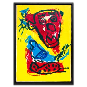 Karel Appel — Expressive Red Visage on Radiant Yellow, Painted on Canvas
