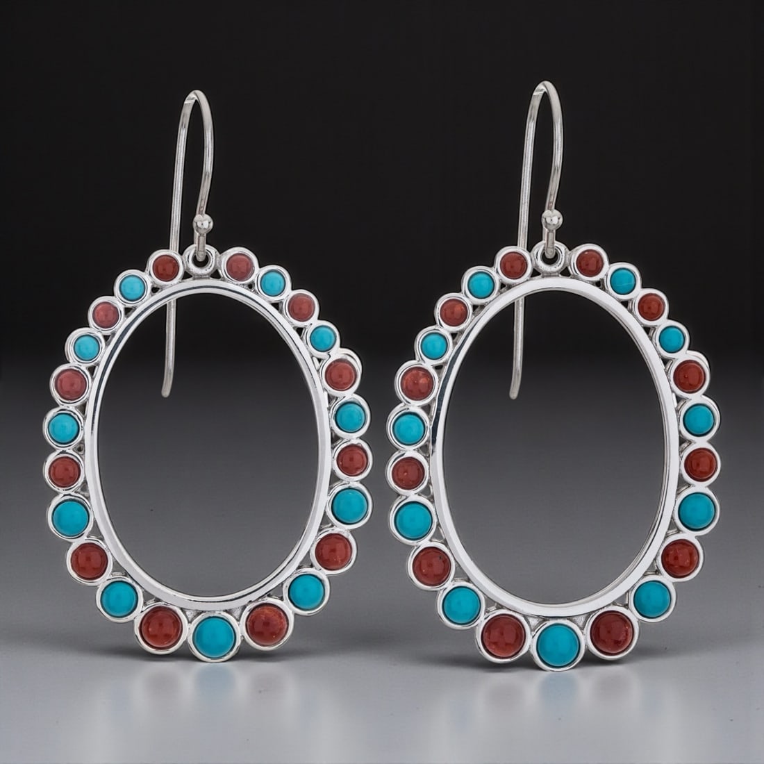 Red Coral and Turquoise Large Oval Forward Facing Hoop Earrings (1 of 2)