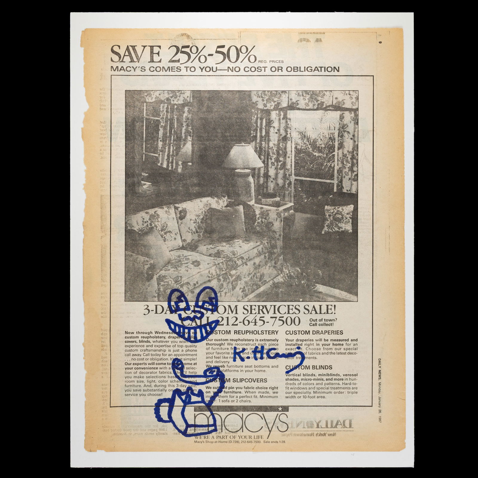 Keith Haring Original Blue-Marker Drawing on Daily News Page (1987) (1 of 6)