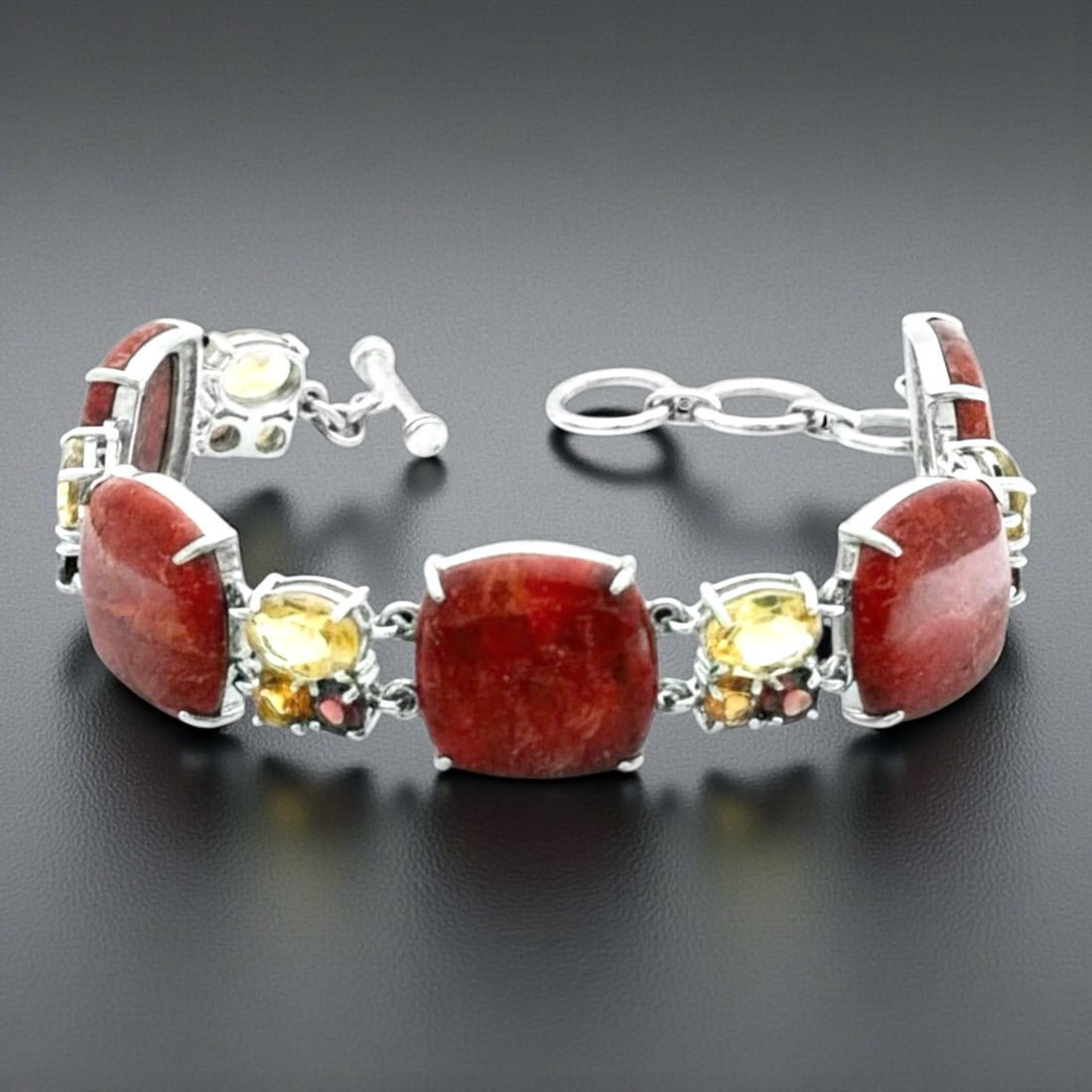 Red Coral Sterling Silver Bracelet with Citrine & Garnet Gems 7.75" (1 of 1)