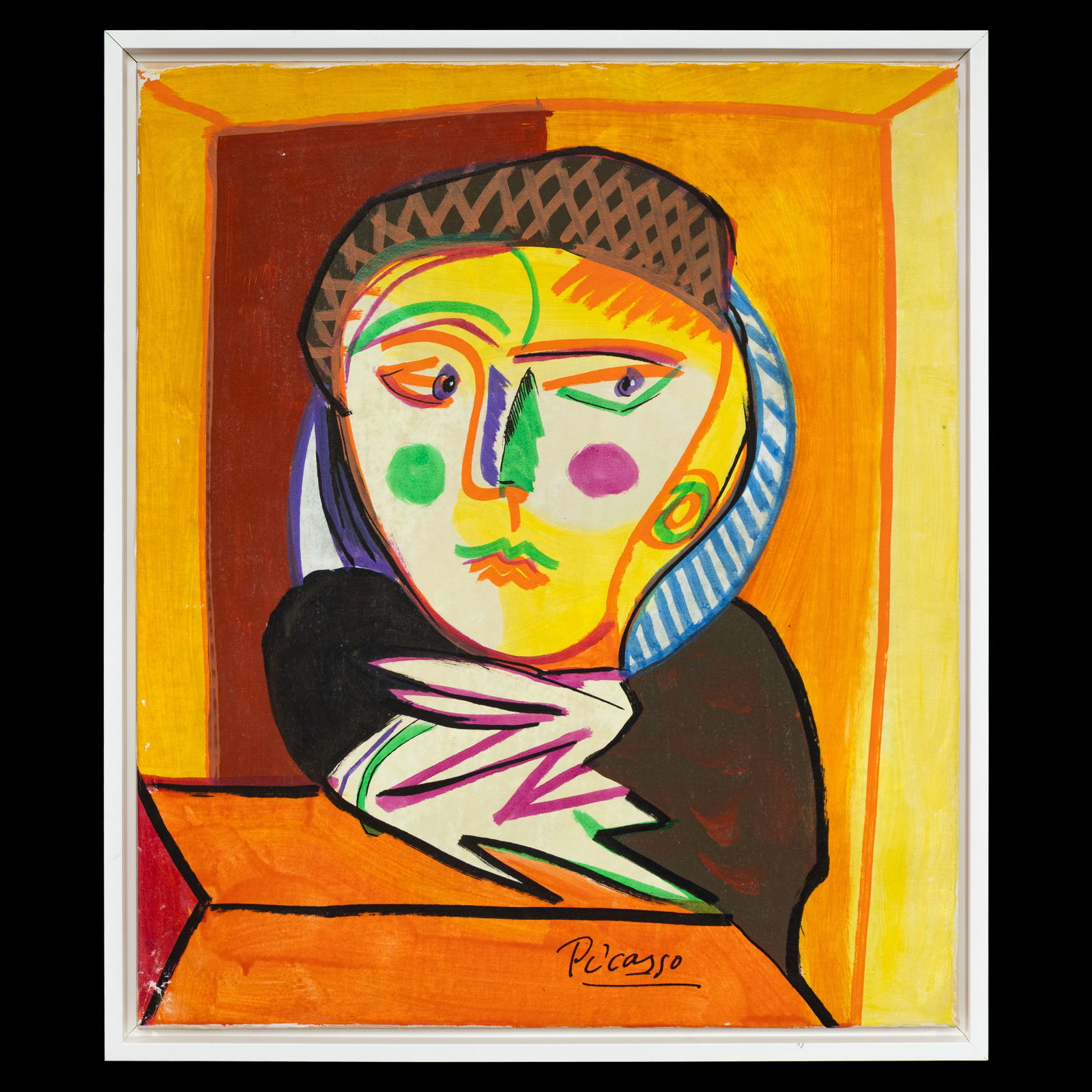 Pablo Picasso — Radiant Portrait of a Woman Painting on Canvas: Pablo Picasso (Attributed to / After) — Radiant Portrait of a Woman on Orange–Red–Yellow Ground, Painting on Canvas Why This Work Captivates Collectors A blaze of orange, red, and yellow sets th