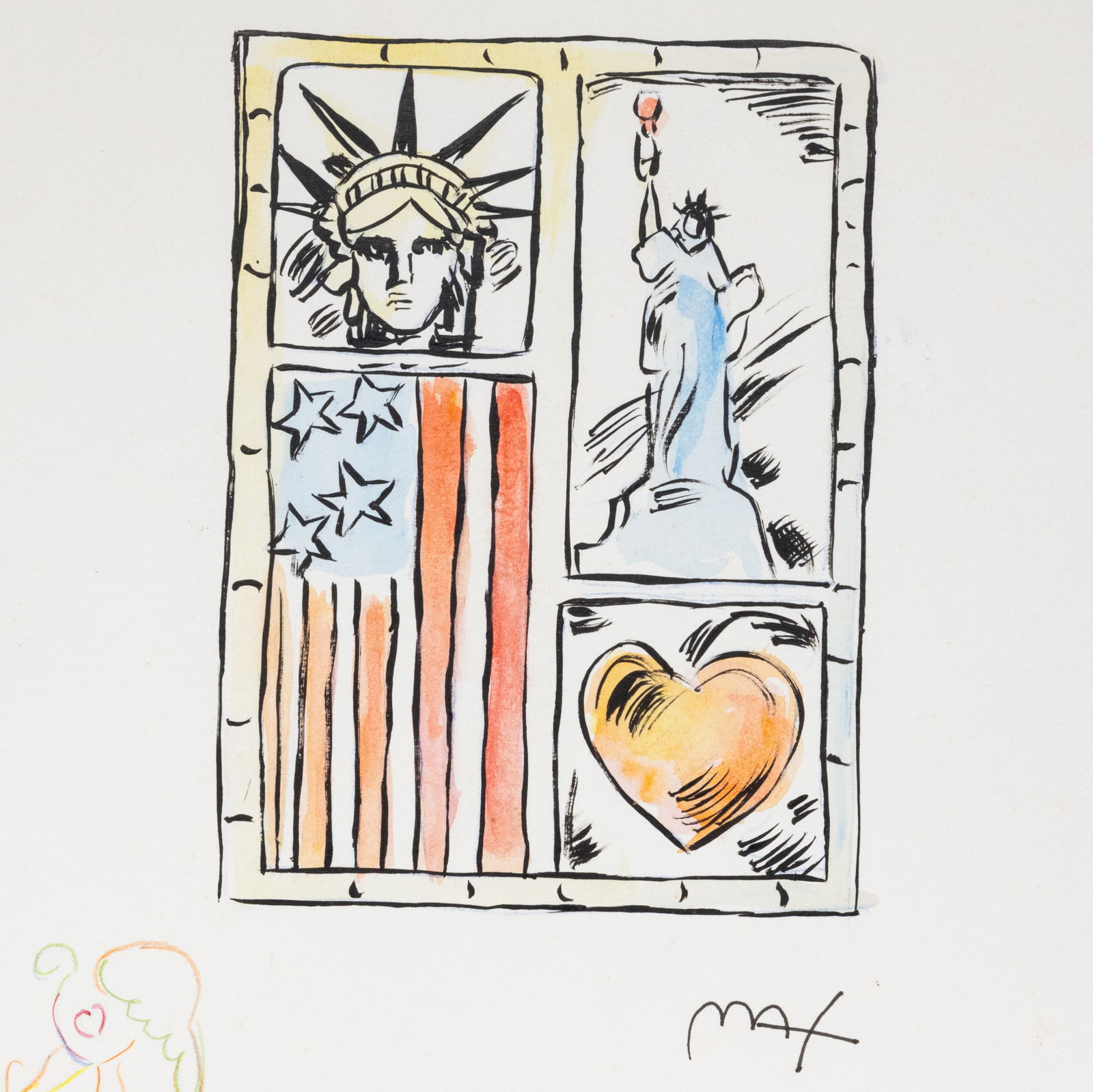 Peter Max Mixed Media on Paper: Attributed to / After Peter Max Statue of Liberty, American Flag, and Heart Design – Mixed Media on Paper A vibrant and historically inspired composition attributed to, or created in the manner of,