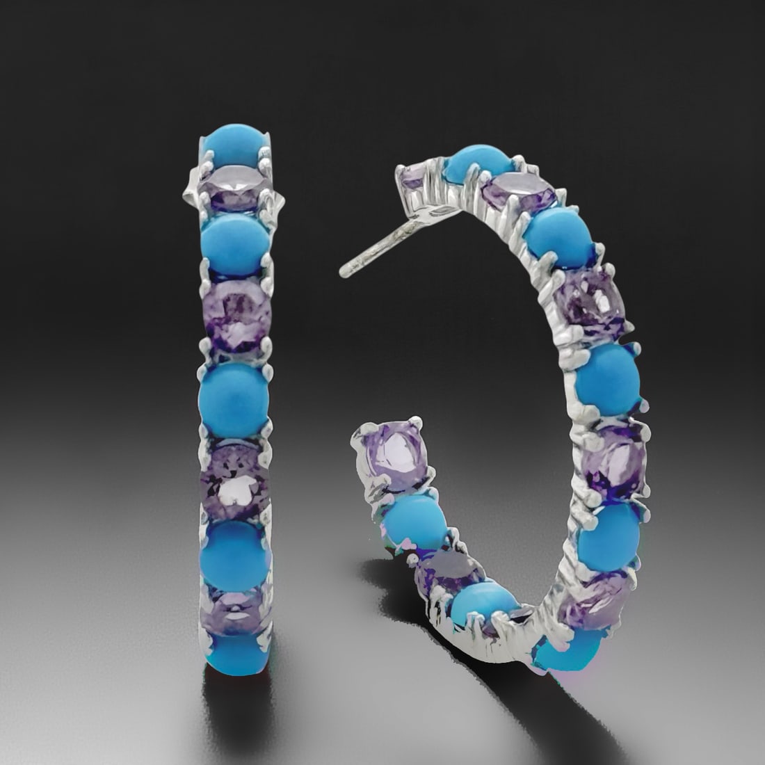 Amethyst & Turquoise Half-Hoop Sterling Silver Earrings: Product Details Item: Earrings Metal: Sterling Silver Gemstone: Amethyst & Turquoise Approximate Measurements: 29.2X3.9 mm Ring Size: Not Applicable Chain Length: Not Applicable Chain Met