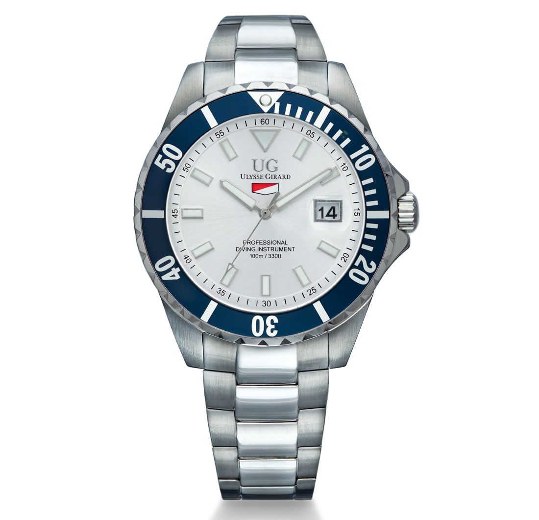 Ulysse Girard Watch Blue Fin Model – Silver Dial & Blue Bezel: The Ulysse Girard Watch Blue Fin Collection blends sport-ready durability with refined elegance. Its striking silver dial and blue bezel create a captivating contrast, housed in a robust stainless ste
