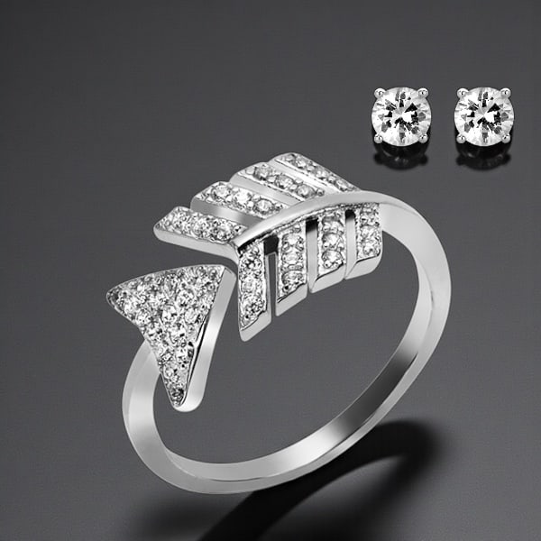 Sterling Silver Minimalist Arrow Ring with Stud Earrings Set: Product Details Item: Earrings & Ring Set Metal: Sterling Silver Gemstone: White CZ Approximate Measurements: Ring Width: 7.9 mm Earrings Width: 6.0 mm Ring Size: 6 Chain Length: Not Applicable<