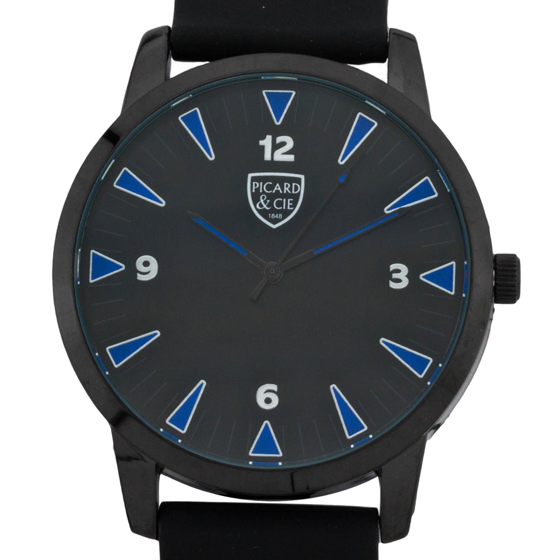 Picard & Cie Men’s Watch – Black Case & Dial with Blue Accents: This Picard & Cie men’s watch delivers a bold, modern look with a sleek monochrome foundation accented by vibrant blue hour markers. The black case and matching black dial create a strong, understat