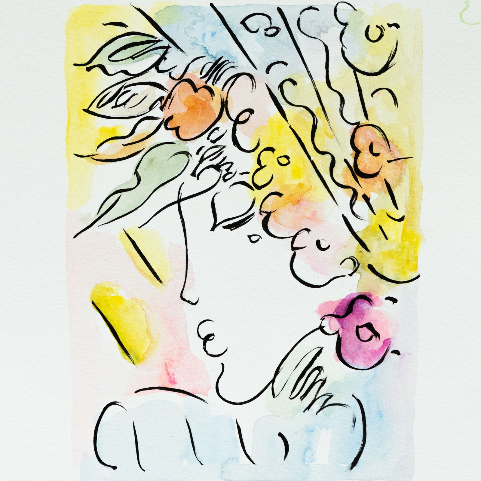 Peter Max Mixed Media on Paper: Attributed to / After Peter Max Woman with Floral Headpiece – Mixed Media on Paper A vibrant and imaginative composition attributed to, or created in the manner of, Peter Max. This mixed-media work