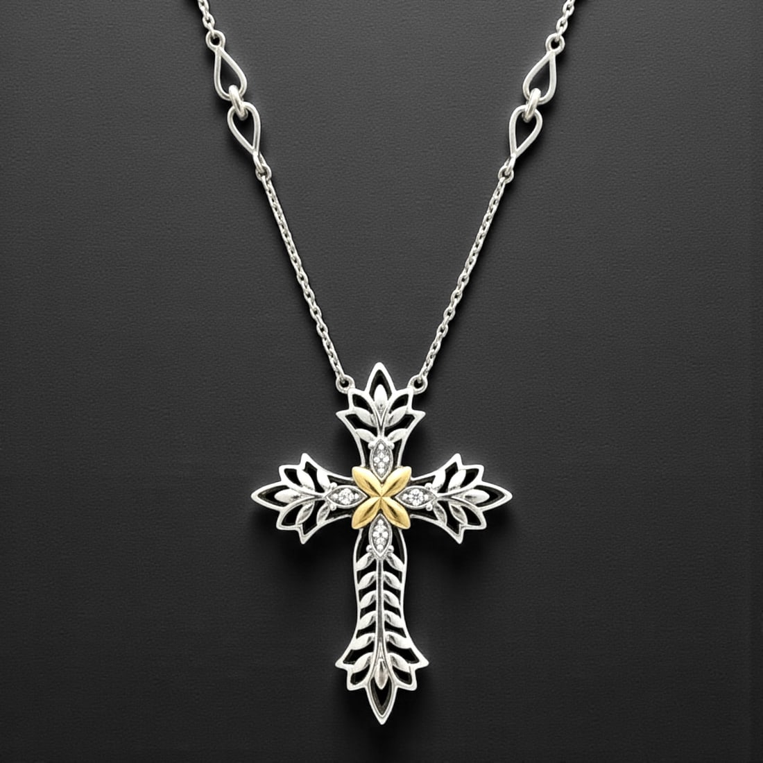 14K and Sterling Silver Diamond Cross Pendant Necklace (1 of 1)