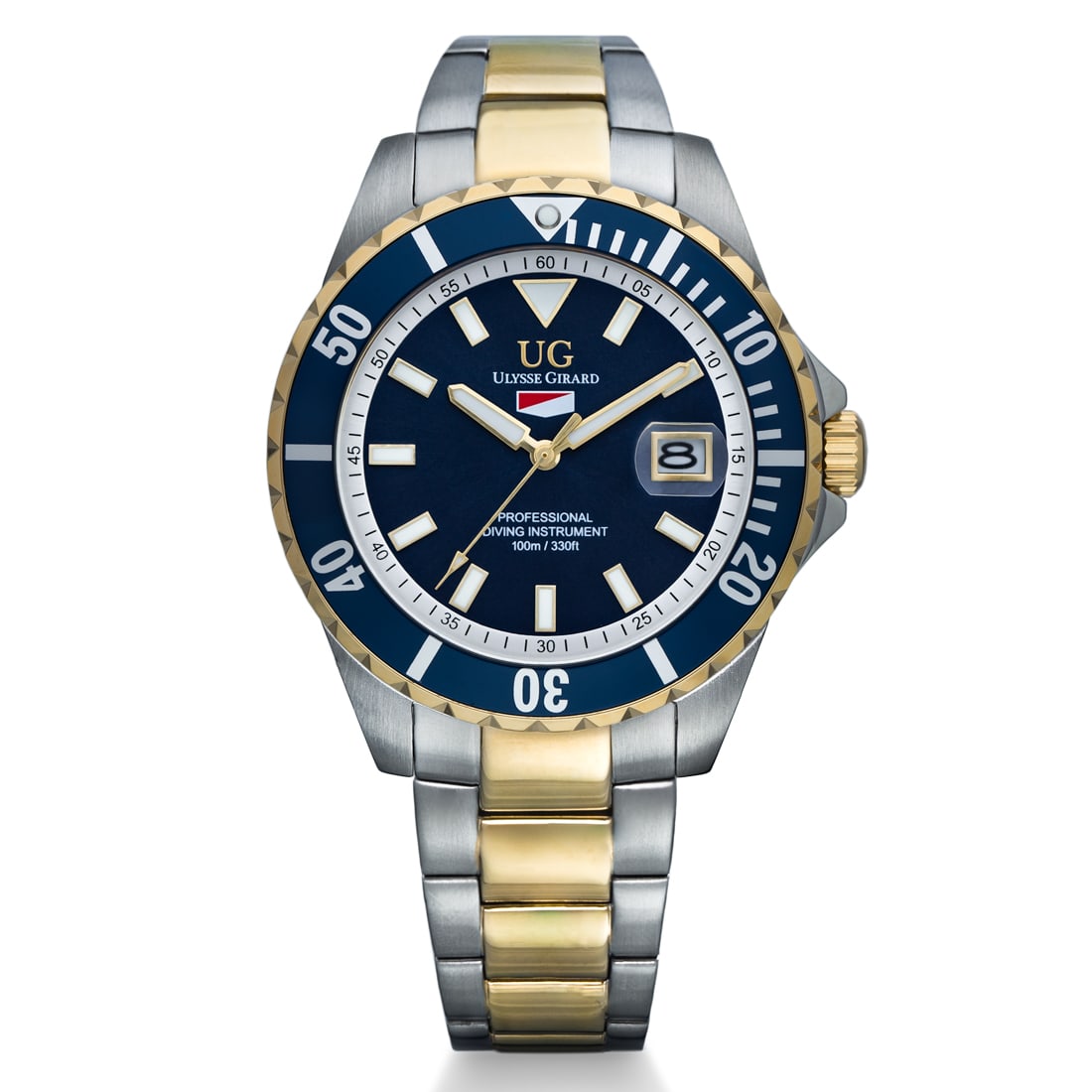 Ulysse Girard Watch Blue Fin Collection – Blue Dial & Blue Bezel: The Ulysse Girard Watch Blue Fin Collection blends sport-ready durability with refined elegance. Its striking blue dial and blue bezel create a captivating contrast, housed in a robust two-tone stainl