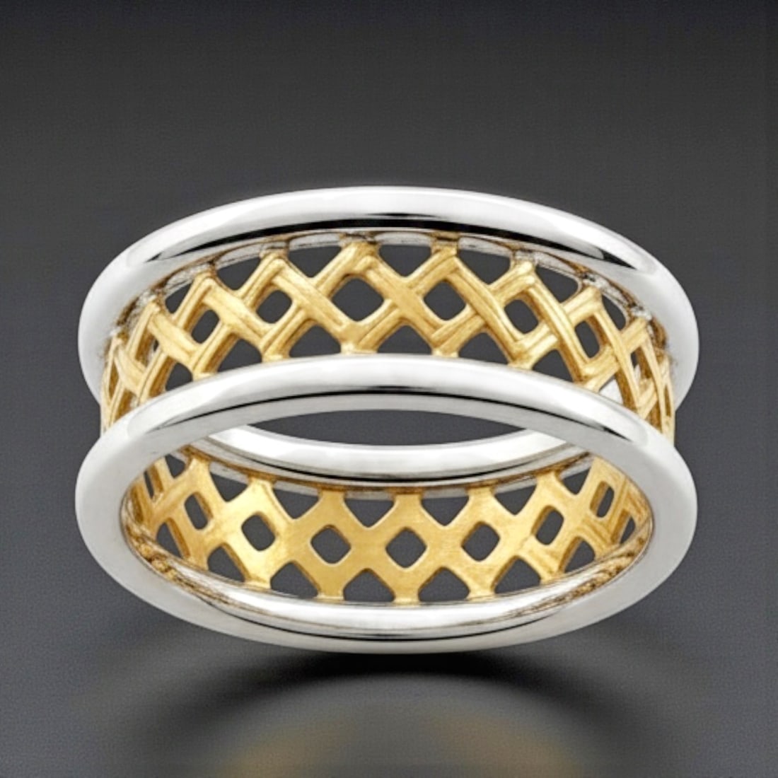 Sterling Silver Two Tone Lattice design Wide Band Ring Size 7: Product Details Item: Ring Metal: Sterling Silver Gemstone: NONE Approximate Measurements: Width: 7.6 mm Ring Size: 7 Chain Length: Not Applicable Chain Metal: Not Applicable NO RETUR