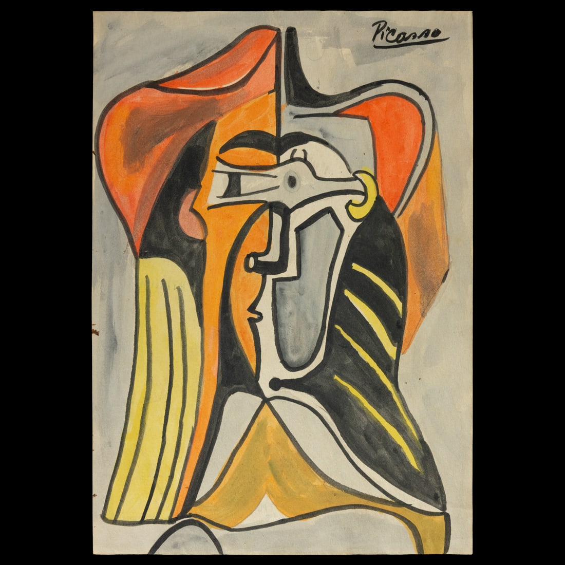 Pablo Picasso – Painting on Paper: Pablo Picasso – Painting on Paper (Attributed / After the Artist) Subject: Abstract female portrait rendered in a distinctly Picassoesque style, with facial features intentionally displaced, enlarge