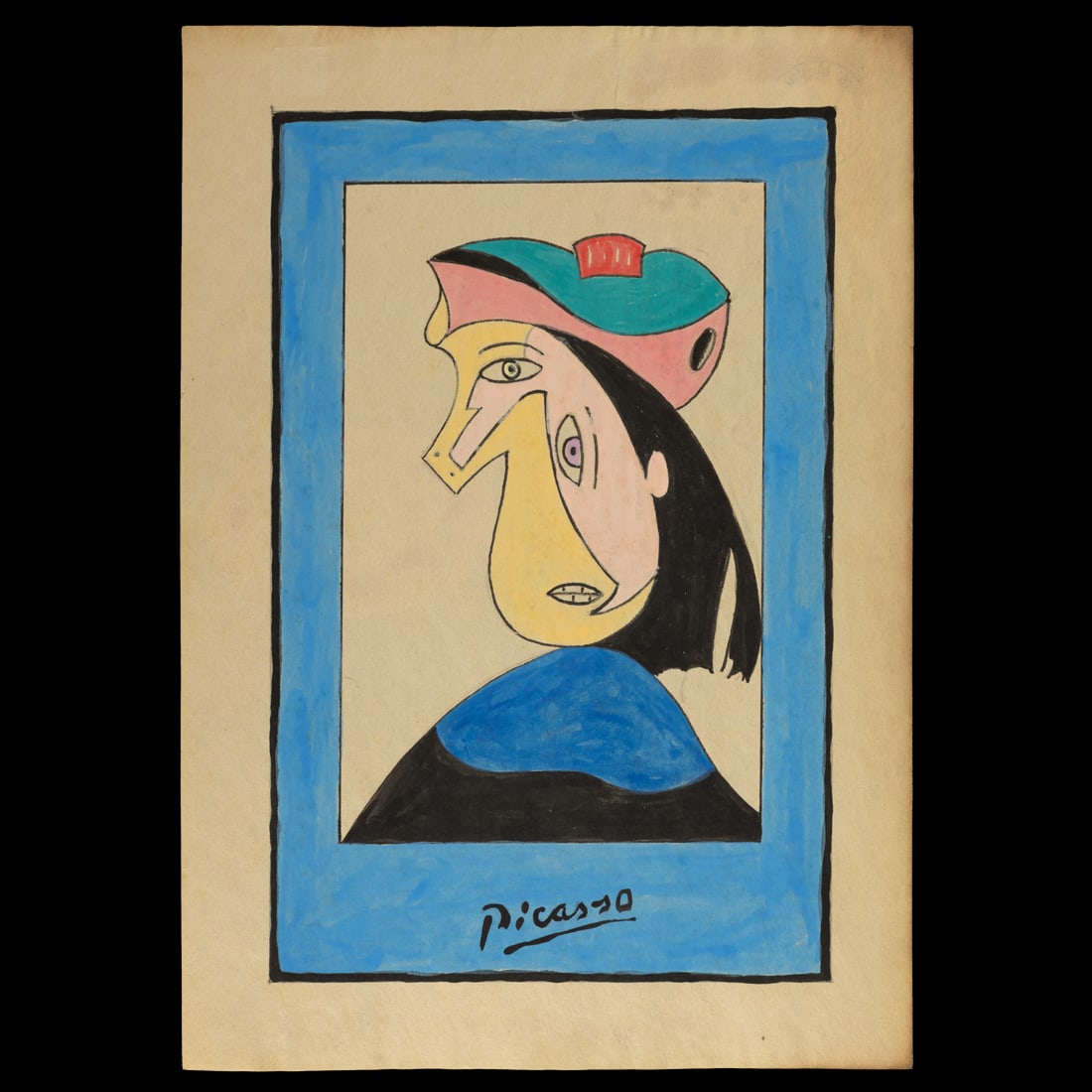 Pablo Picasso – Painting on Paper: Attributed to / After Pablo Picasso Woman in Picassoesque Style – Painting on Paper A striking and emotionally charged composition attributed to, or created in the manner of, Pablo Picasso, this wor