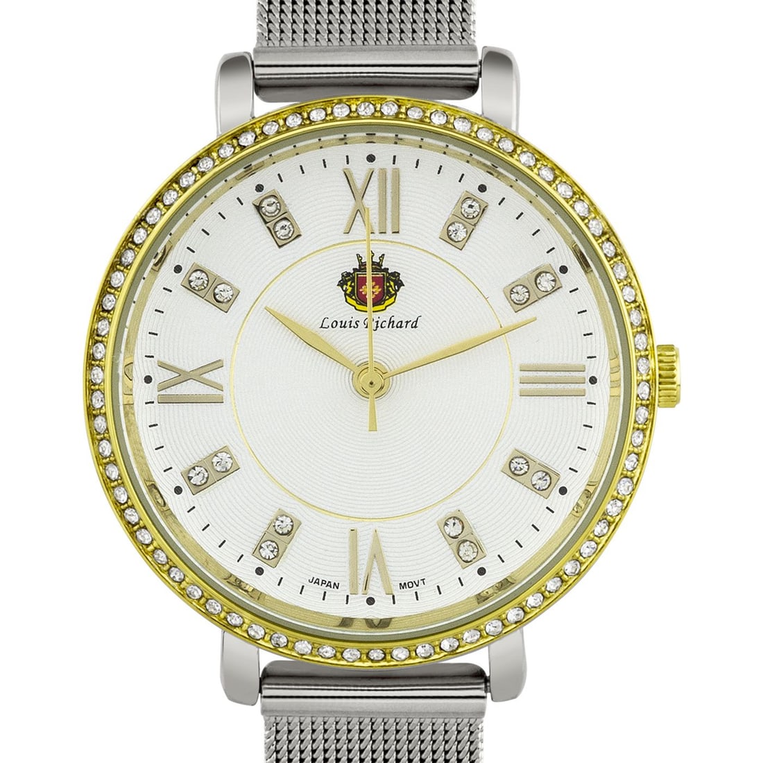 Louis Richard 36mm Case Mesh Band Ladies Watch: This Louis Richard ladies watch blends refined sparkle with contemporary elegance. Crafted with a 36mm all–stainless steel case, it features a beautifully textured multi-layer dial accented by
