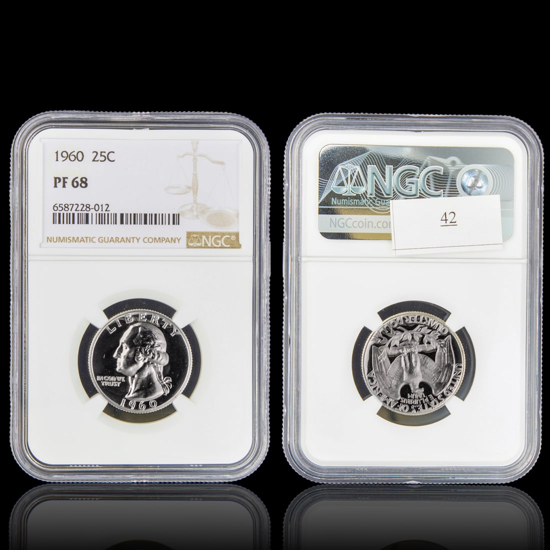 1960 Washington Silver Quarter – (PF68) – NGC Cert #6587228-012: Authenticated and encapsulated by NGC, this 1960 Washington Silver Quarter is presented in Proof 68 (PF68) condition and carries certification number 6587228-012, confirming authenticity and