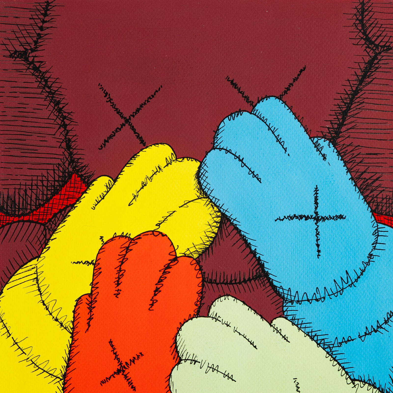 KAWS Paint Print – Multicolored 'Team Hands' Composition - 3