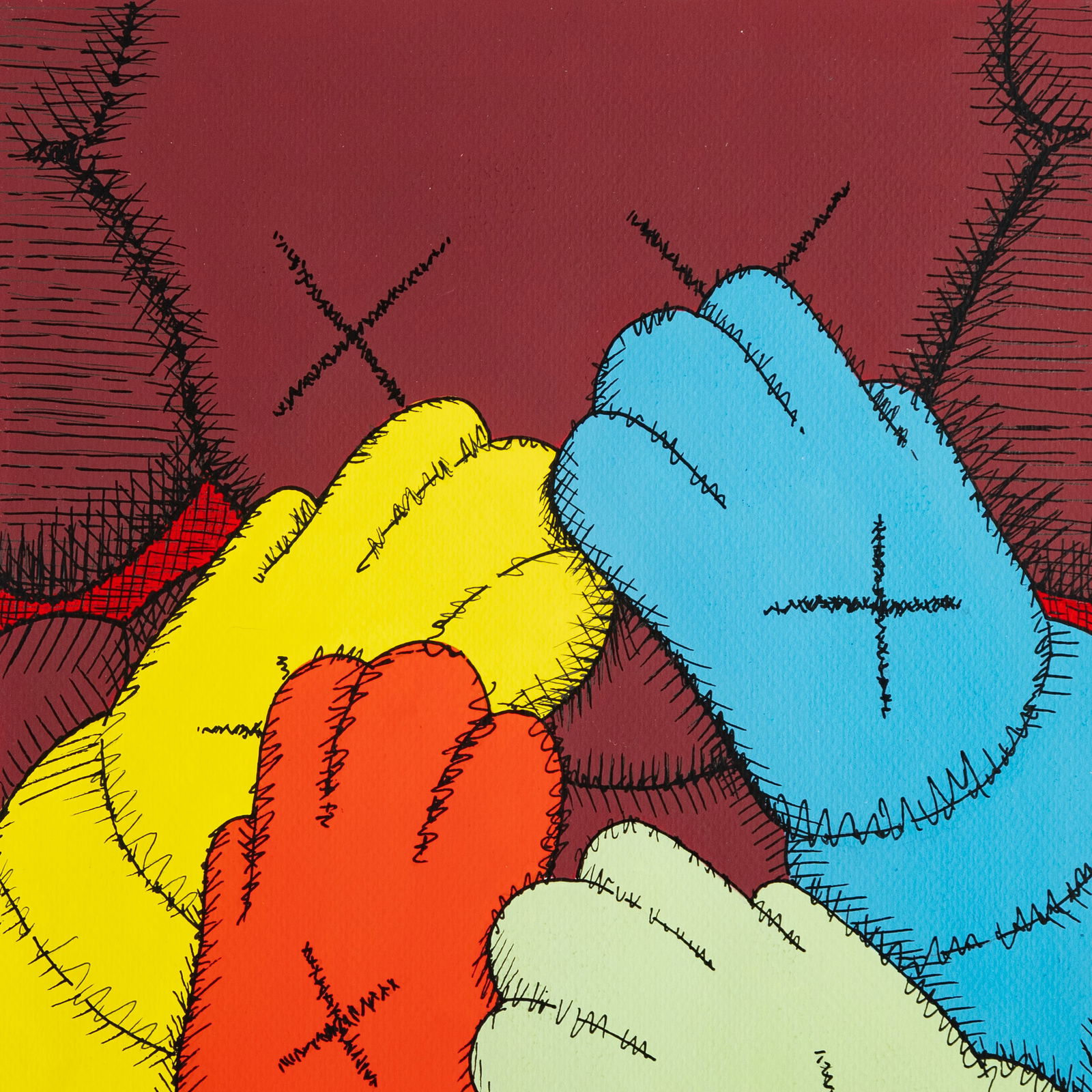 KAWS Paint Print – Multicolored 'Team Hands' Composition - 4