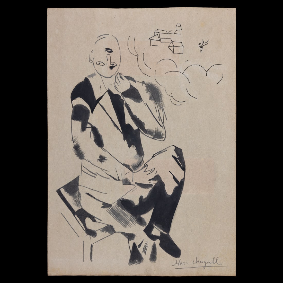 Marc Chagall – Watercolor on Paper: Marc Chagall – Watercolor on Paper (Attributed / After the Artist) Subject: Surreal seated man in a suit with his head inverted on his neck; upper-right vignette depicting a village, town, or