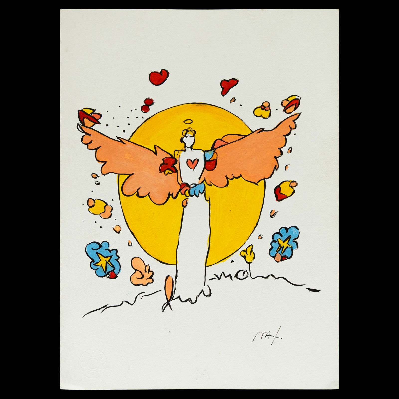 Peter Max Painting on Paper: Attributed to / After Peter Max Angel with Heart and Radiant Sun – Painting on Paper A visually captivating and spiritually inspired composition attributed to, or created in the manner of, Peter