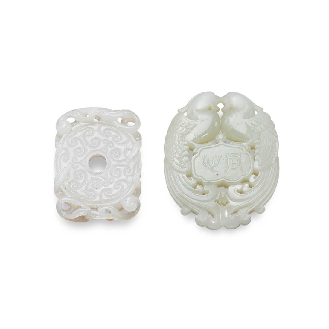 TWO CARVED WHITE JADE OPENWORK PLAQUES