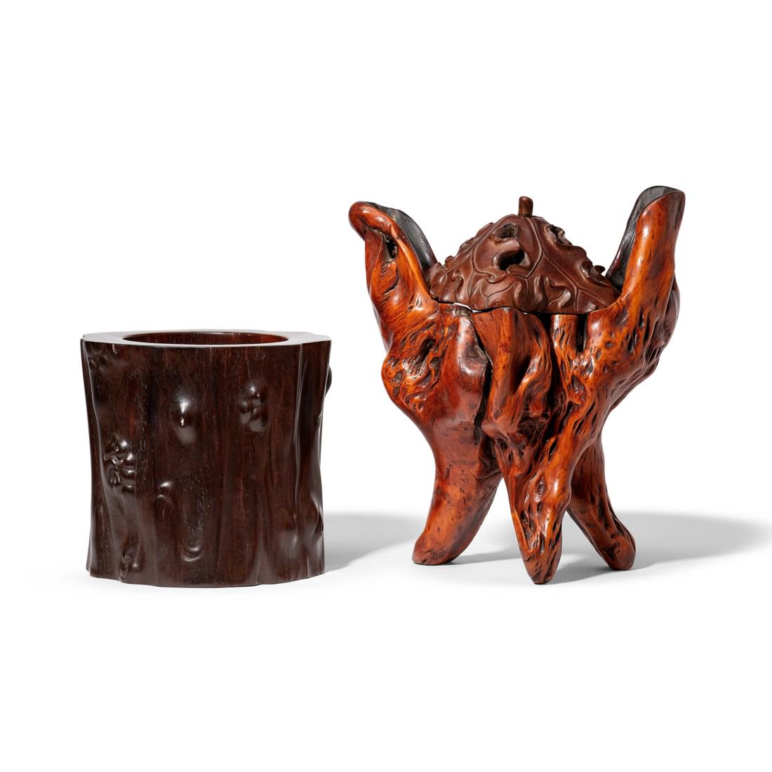 A CARVED ZITAN TREE TRUNK-FORM BRUSH POT AND A ROOT