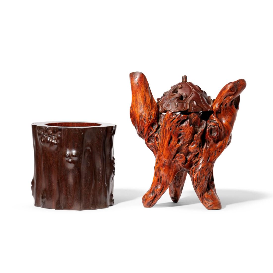 A CARVED ZITAN TREE TRUNK-FORM BRUSH POT AND A ROOT