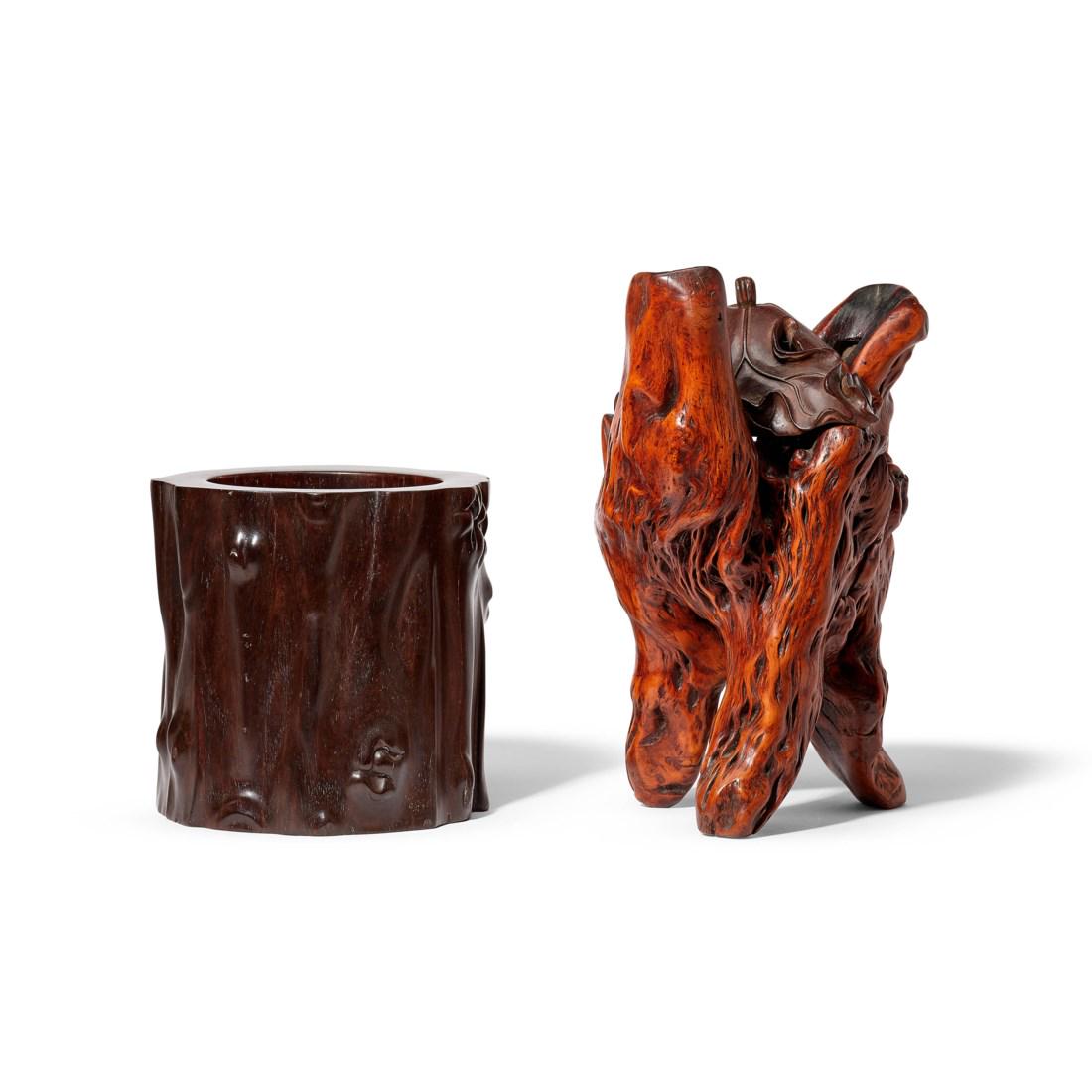 A CARVED ZITAN TREE TRUNK-FORM BRUSH POT AND A ROOT